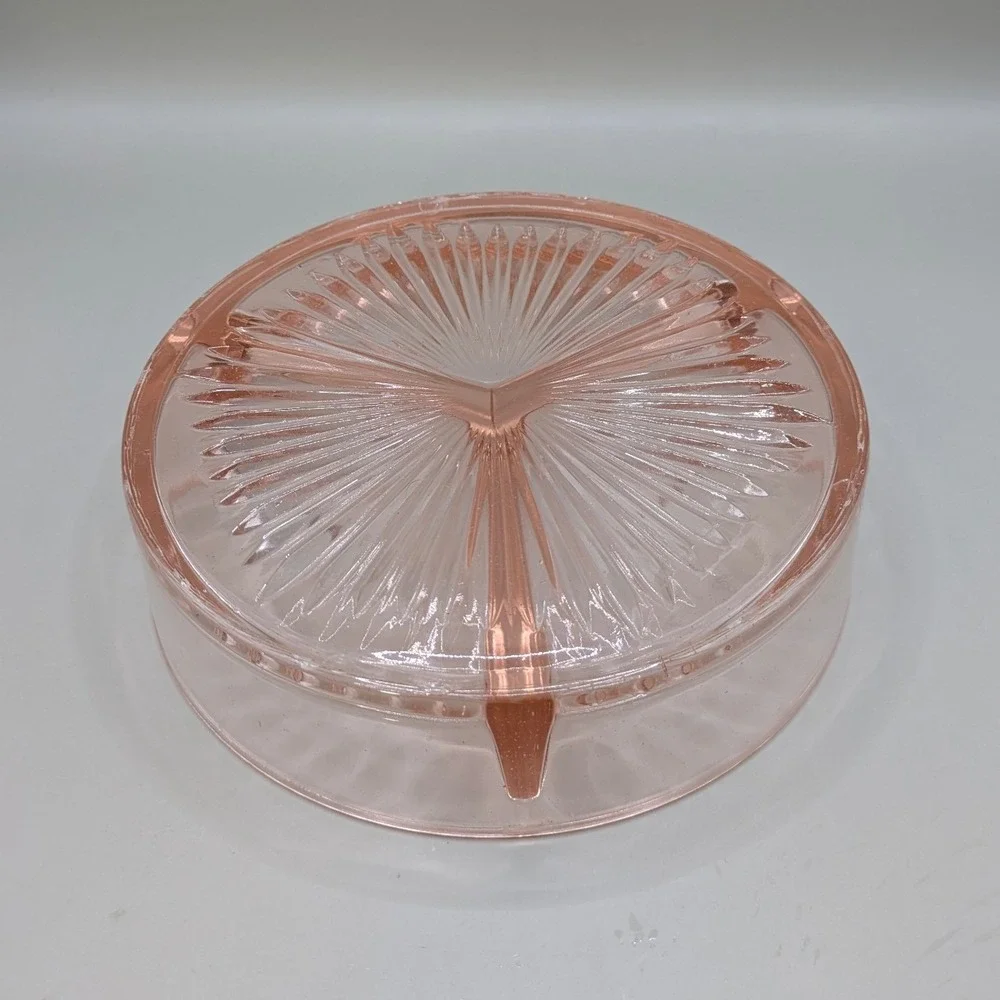 Vintage 1930s Art Deco Pink Depression Glass Divided Dish Gold Trim Metal Basket